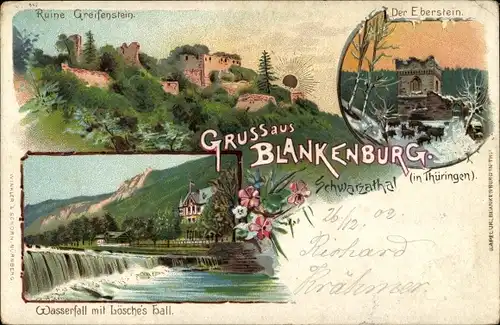 Litho Bad Blankenburg in Thüringen, Der Eberstein, Ruine Greifenstein, Wasserfall, Lösches Hall
