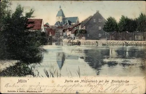 Ak Mölln im Herzogtum Lauenburg, Partie am Mühlenteich mit der Nicolaikirche