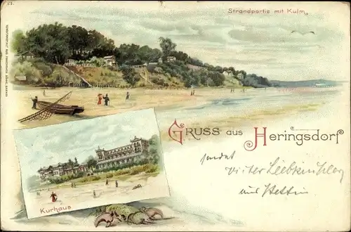 Litho Ostseebad Heringsdorf auf Usedom, Strandpartie mit Kulm, Kurhaus