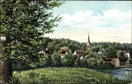 Künstler Ak Magdeburgerforth Möckern im Jerichower Land, Blick auf den Ort