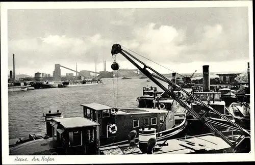 Ak Herne Westfalen, liegende Dampfer im Hafen, Kran