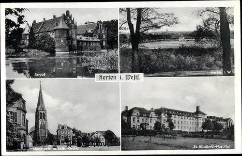 Ak Herten Westfalen, St. Elisabeth Hospital, Schloss, Marktplatz, Kirche