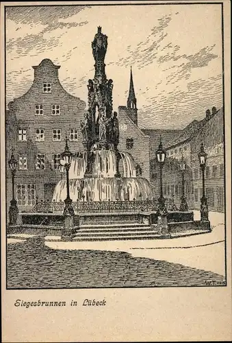 Künstler Ak Thiele, Wilhelm Hansestadt Lübeck, Siegesbrunnen, Federzeichnung, Allerlei Brunnen