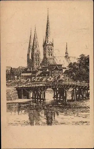 Künstler Ak Hansestadt Lübeck, Federzeichnung, Dankwartsbrücke, Petri und Marienkirche