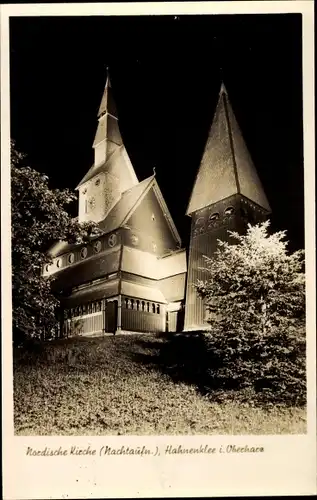 Ak Hahnenklee Bockswiese Goslar, Nordische Stabkirche, Nachtansicht