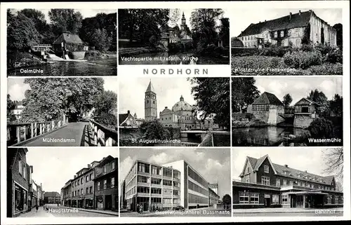 Ak Nordhorn in der Grafschaft Bentheim, Bahnhof, Oelmühle, Wassermühle, Baumwollspinnerei