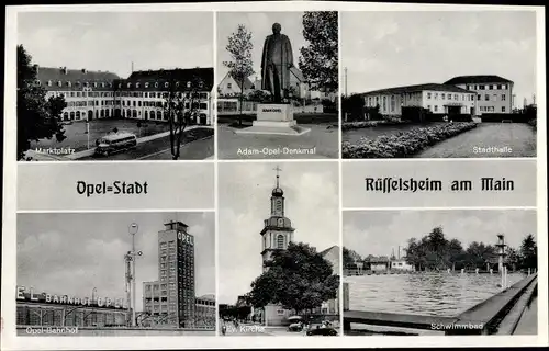 Ak Rüsselsheim in Hessen, Marktplatz, Adam Opel Denkmal, Stadthalle, Bahnhof, Ev. Kirche, Schwimmbad