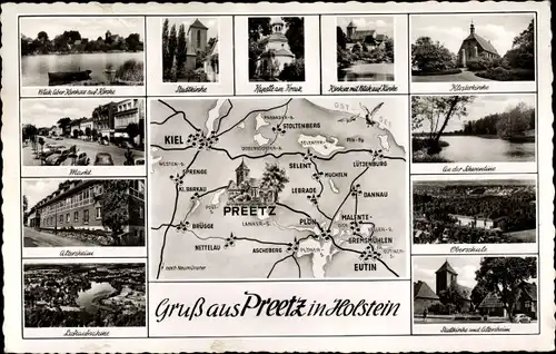 Landkarten Ak Preetz in Holstein, Straßenpartie, Panorama, Klosterkirche, Kirchsee, Landkarte