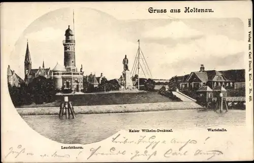 Ak Kiel Holtenau in Schleswig Holstein, Kaiser Wilhelm Denkmal, Uferpartie, Leuchtturm, Wartehalle