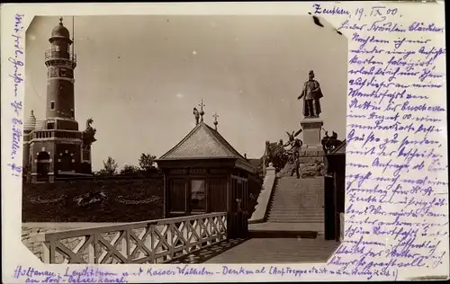 Foto Ak Holtenau Kiel in Schleswig Holstein, Leuchtturm mit Kaiser Wilhelm-Denkmal