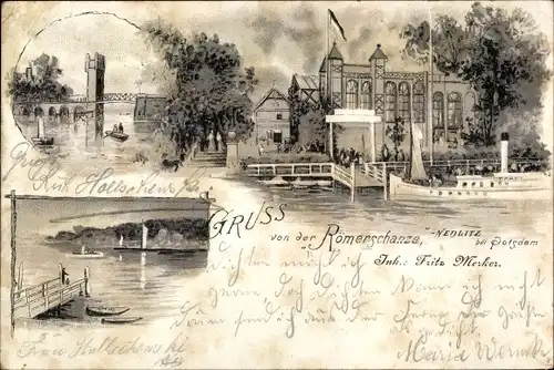 Litho Nedlitz Potsdam in Brandenburg, Römerschanze, Brücke, Dampfert