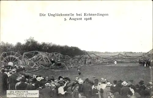 Ak Leinfelden Echterdingen auf den Fildern, Abgestürztes Zeppelin'sches Luftschiff Modell 4 1908