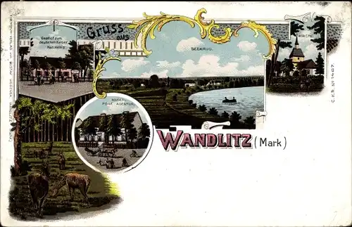 Litho Wandlitz in Brandenburg, Kirche, Seekrug, Post, Pfarrhaus, Hirsche