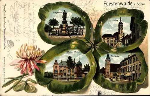 Kleeblatt Litho Fürstenwalde an der Spree, Domkirche, Marktplatz, Kriegerdenkmal, Offizierscasino