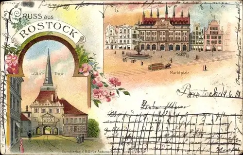 Litho Hansestadt Rostock, Partie am Steintor mit Rathaus am Marktplatz, Brunnen