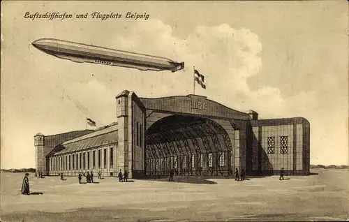 Künstler Ak Leipzig in Sachsen, Luftschiffhafen, Flugplatz, Zeppelin
