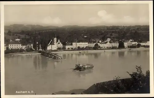 Ak Aschach an der Donau Oberösterreich, Blick auf den Ort, Rollfähre