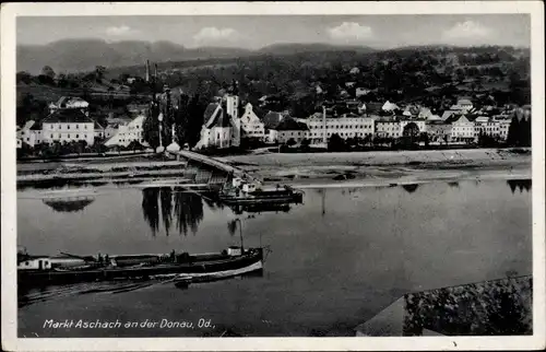 Ak Markt Aschach an der Donau Oberösterreich, Blick auf den Ort, Dampfer