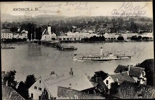 Ak Aschach an der Donau Oberösterreich, Blick auf den Ort, Salondampfer