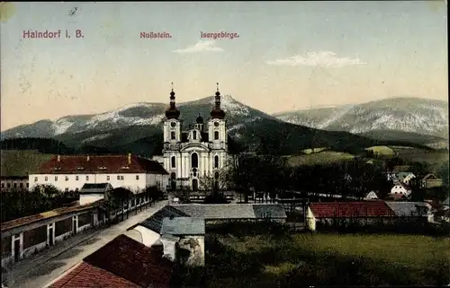 Ak Hejnice Haindorf Reg. Reichenberg, Nussstein, Isergebirge, Teilansicht vom Ort mit der Kirche