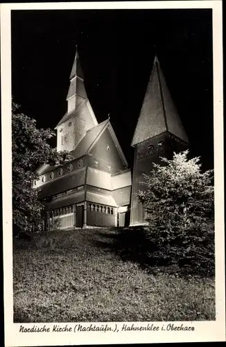 Ak Hahnenklee Bockswiese Goslar, Nordische Stabkirche, Nachtansicht