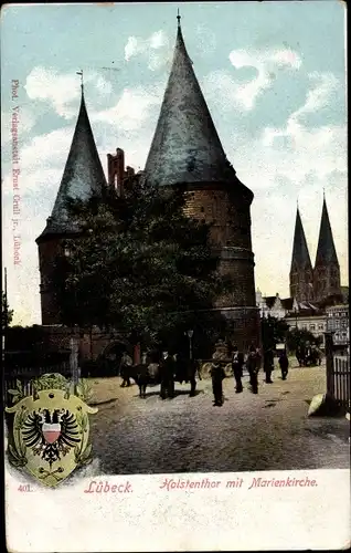 Ak Hansestadt Lübeck, Holstenthor, Marienkirche, Wappen