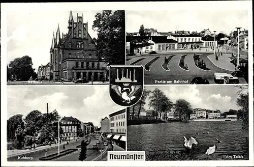 Wappen Ak Neumünster in Schleswig Holstein, Rathaus, Kuhberg, Partie am Bahnhof, Teich, Schwan