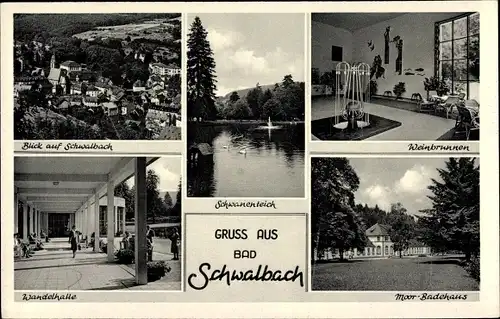 Ak Bad Schwalbach im Taunus, Ort, Badehaus, Wandelhalle, Weinbrunnen, Schwanenteich