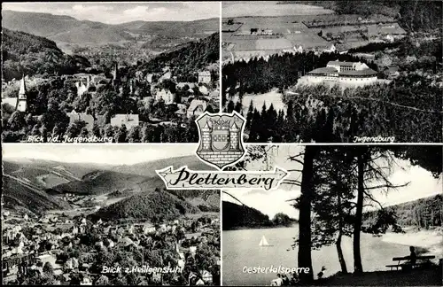 Ak Plettenberg im Sauerland Westfalen, Jugendherberge, Jugendburg, Panorama, Wappen