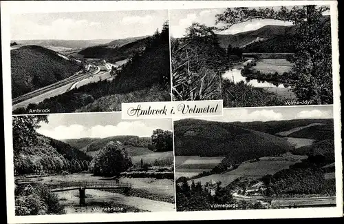 Ak Ambrock Hagen in Westfalen, Volme Idyll, Brücke, Berge, Panorama