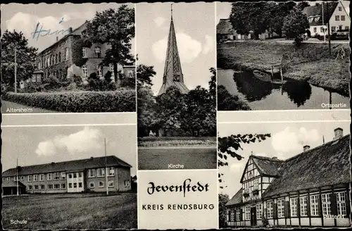 Ak Jevenstedt in Holstein, Kirche, Schule. Altersheim, Pastorat, Ortspartie