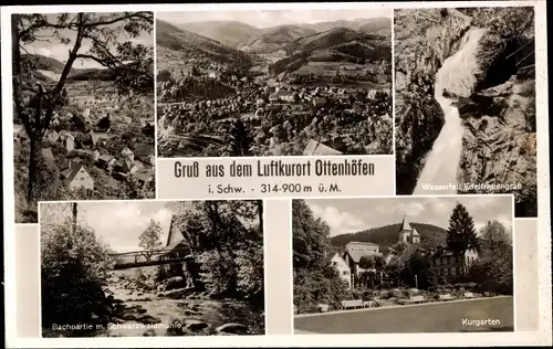 Ak Ottenhöfen Schwarzwald, Ort mit Umgebung, Wasserfall, Kurgarten, Schwarzwaldmühle
