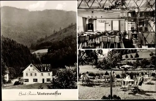 Ak Ottenhöfen im Schwarzwald, Hotel Unterwasser, Bes. H. Porsch, Aussen- und Innenansicht, Garten