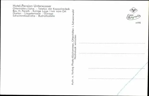 Ak Ottenhöfen im Schwarzwald, Hotel Unterwasser, Bes. H. Porsch, Aussen- und Innenansicht, Garten