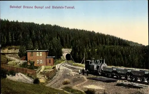 Ak Blankenburg am Harz, Bahnhof Braune Sumpf, Bielsteintunnel, Harz Zahnradbahn