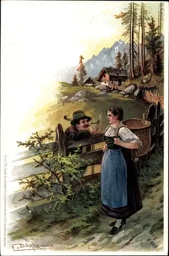 Künstler Litho Döcker, E., Frau mit Pfeife, Liebespaar, Frau mit Korb