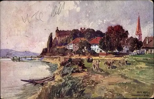 Künstler Ak Lach, Fritz, Ottensheim an der Donau Oberösterreich, Ortspartie, Schloss, BKWI 403-2