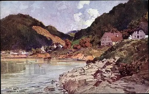 Künstler Ak Lach, Fritz, Obermühl an der Donau Oberösterreich, Häuser, Berge, BKWI 403-1