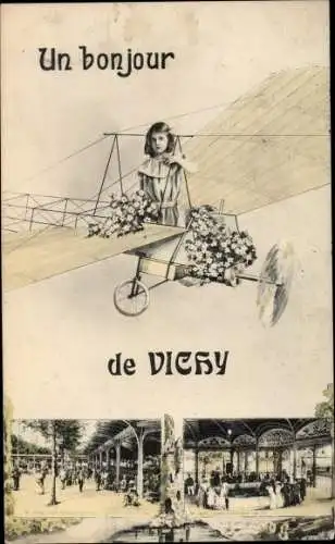 Ak Vichy Allier, Un bonjour, Aeroplane, Blumen