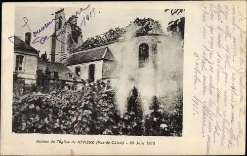 Ak Rivière Pas de Calais, Ruines de l'Eglise