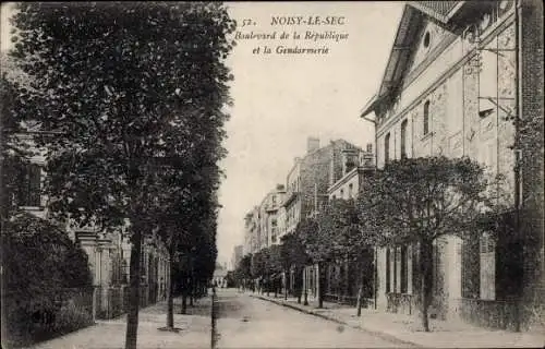 Ak Noisy le Sec Seine Saint Denis, Boulevard de la Republique et la Gendarmerie
