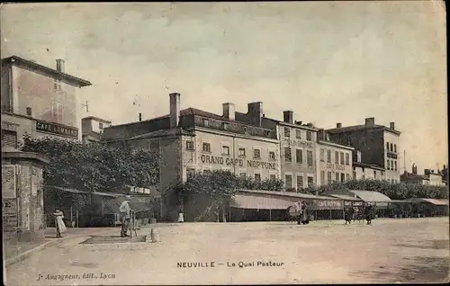 Ak Neuville sur Saone Rhône, Le Quai Pasteur, Grand Cafe Neptune, Cafe Lombard