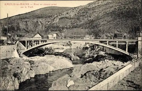 Ak Amelie les Bains Pyrénées Orientales, Pont en ciment armé sur le Tech