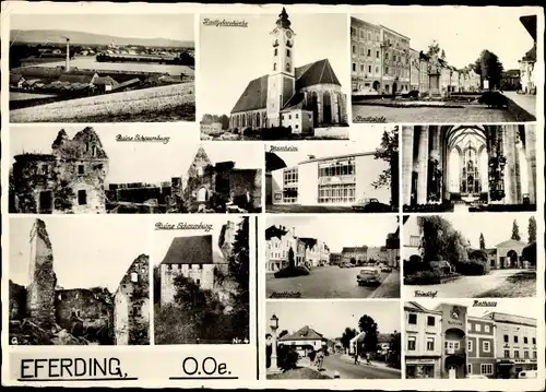 Ak Eferding in Oberösterreich, Stadtpfarrkirche, Ruine Schaumburg, Stadtplatz, Friedhof, Rathaus