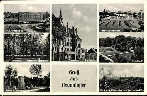 Ak Neumünster in Schleswig Holstein, Großflecken, Rathaus, Stadtpark, Bahnhof, Renkspark, Ehrenhain