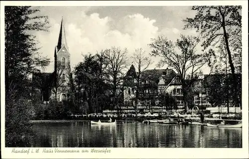 Ak Handorf Münster in Westfalen, Haus Vennemann am Werseufer, Kirche