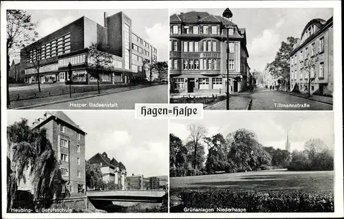 Ak Haspe Hagen Westfalen, Badeanstalt, Tillmannstraße, Heubing- und Berufsschule, Grünanlagen