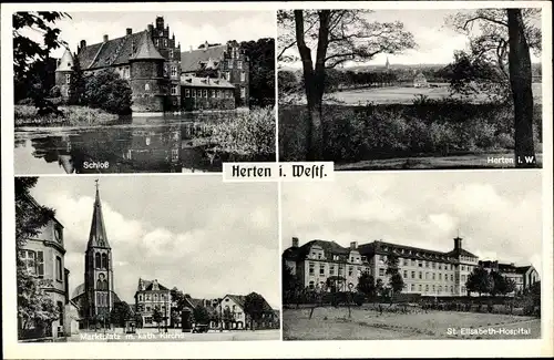 Ak Herten Westfalen, St. Elisabeth Hospital, Schloß, Marktplatz, Kirche