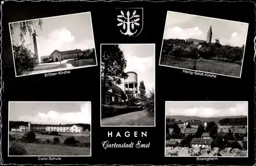 Ak Emst Hagen in Westfalen, Erlöserkirche, Bissingheim, Cuno Schule, Heilig Geist Kirche