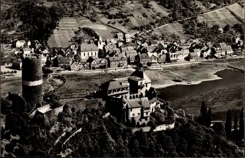 Ak Burgen an der Mosel, Teilansicht, Burg, Turm, Gasthof Onkel Oskar